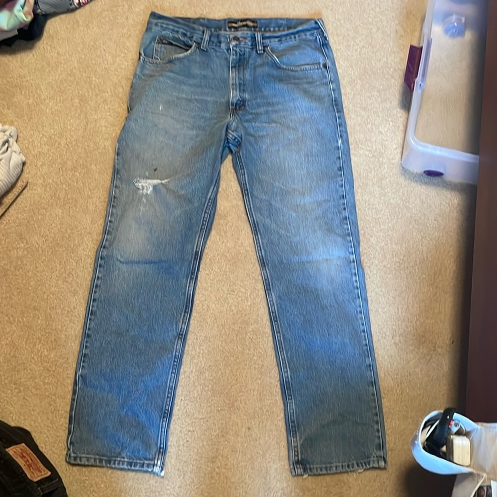 men’s straight leg jeans blue lightly distressed vintage